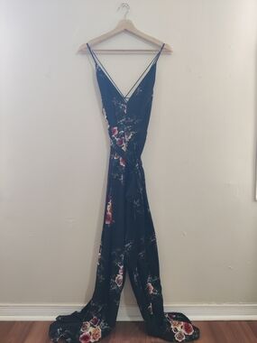 Floral Navy Wide-Leg Jumpsuit with Spaghetti Straps